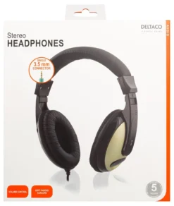 DELTACO høretelefon, volumekontrol, 2,5m kabel, sort/guld