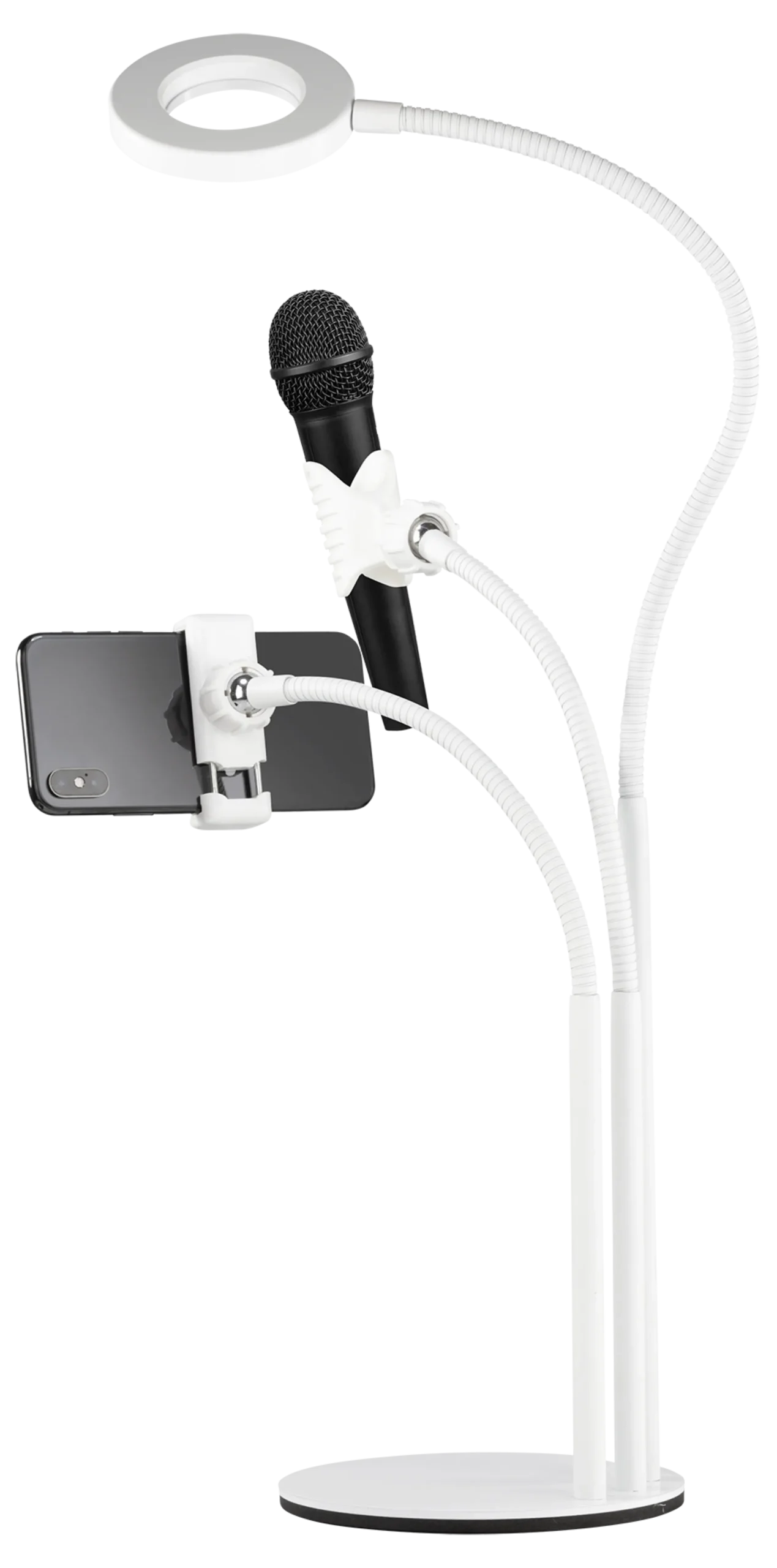 DELTACO 3-i-1 Selfie Ring-Lampe med telefon og Mikrofon holder, hvid