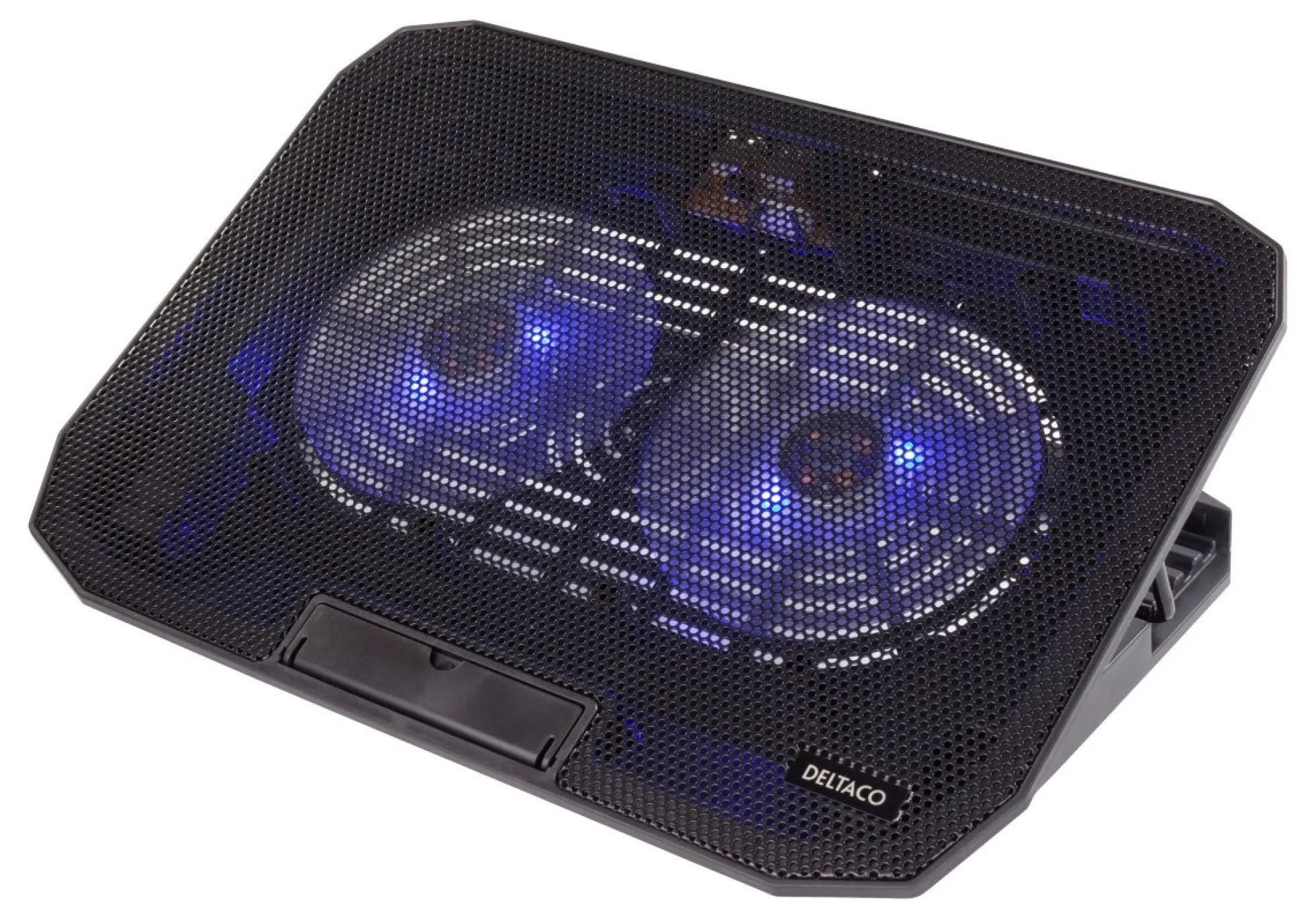 DELTACO laptop cooler for 15.6" lapotop, 2x120mm fans, blue LED, sort