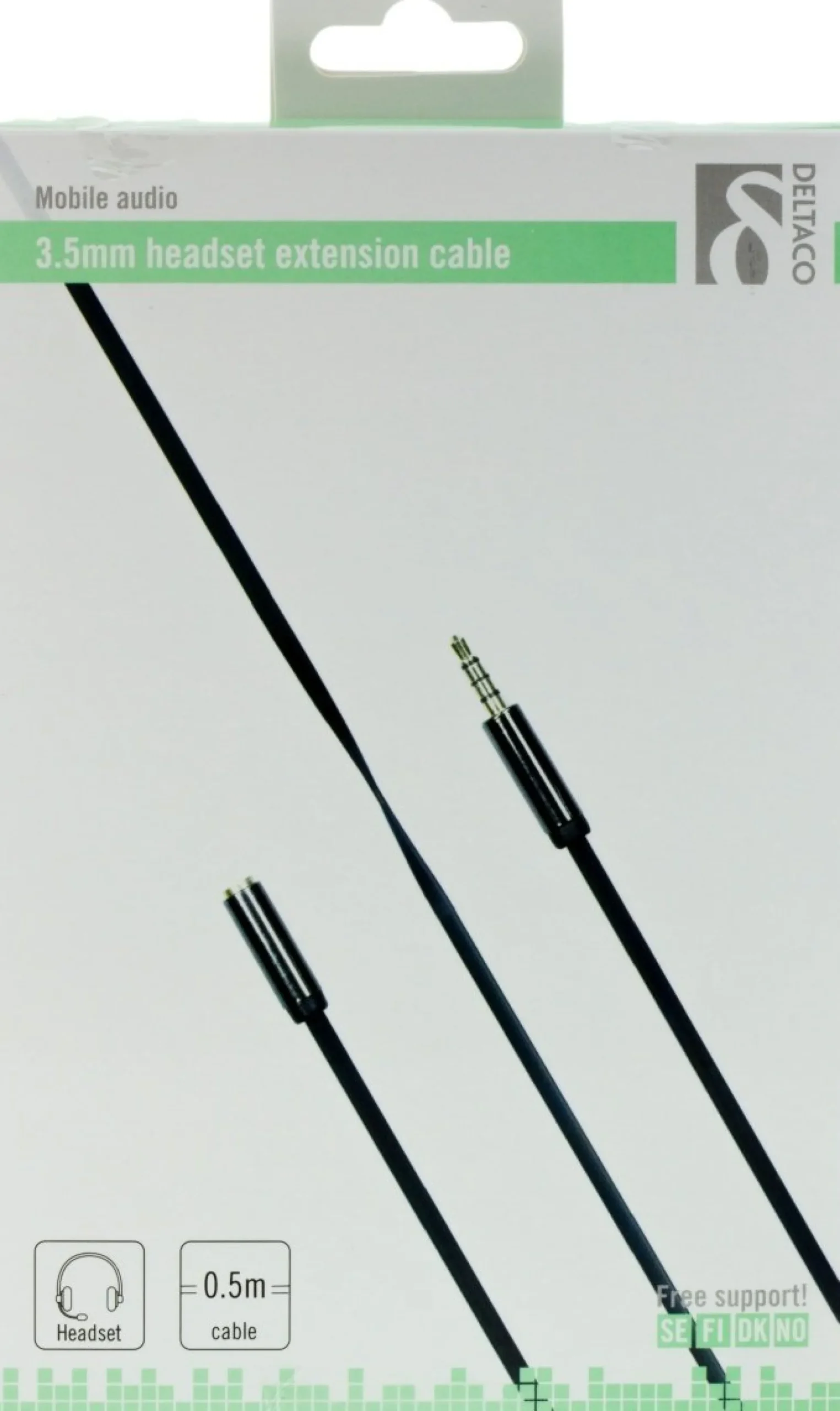 DELTACO lydkabel, 3,5mm han til 3,5mm hun, 0,5m, sort