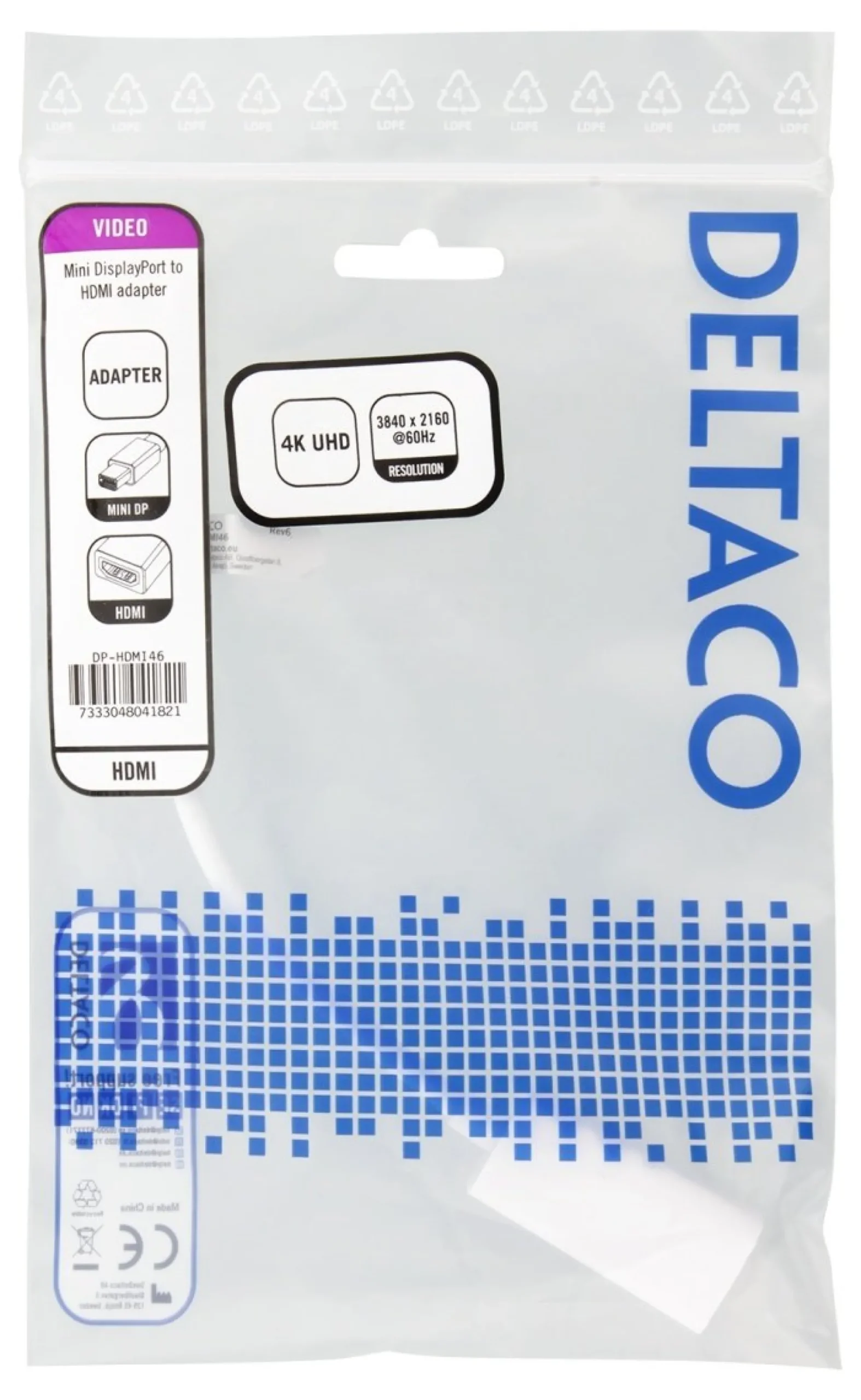 DELTACO Mini DisplayPort till HDMI adapter, 4K 60Hz, 0,2m, Hvid