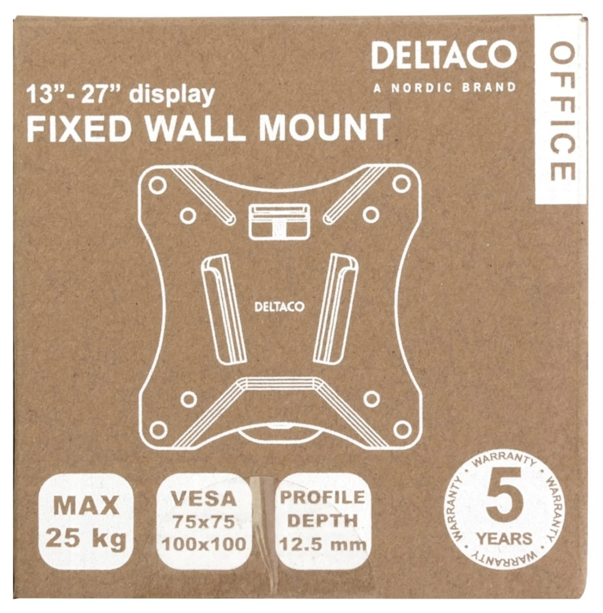 DELTACO Office, fast væg, 13"-27", 25kg, 75x75-100x100