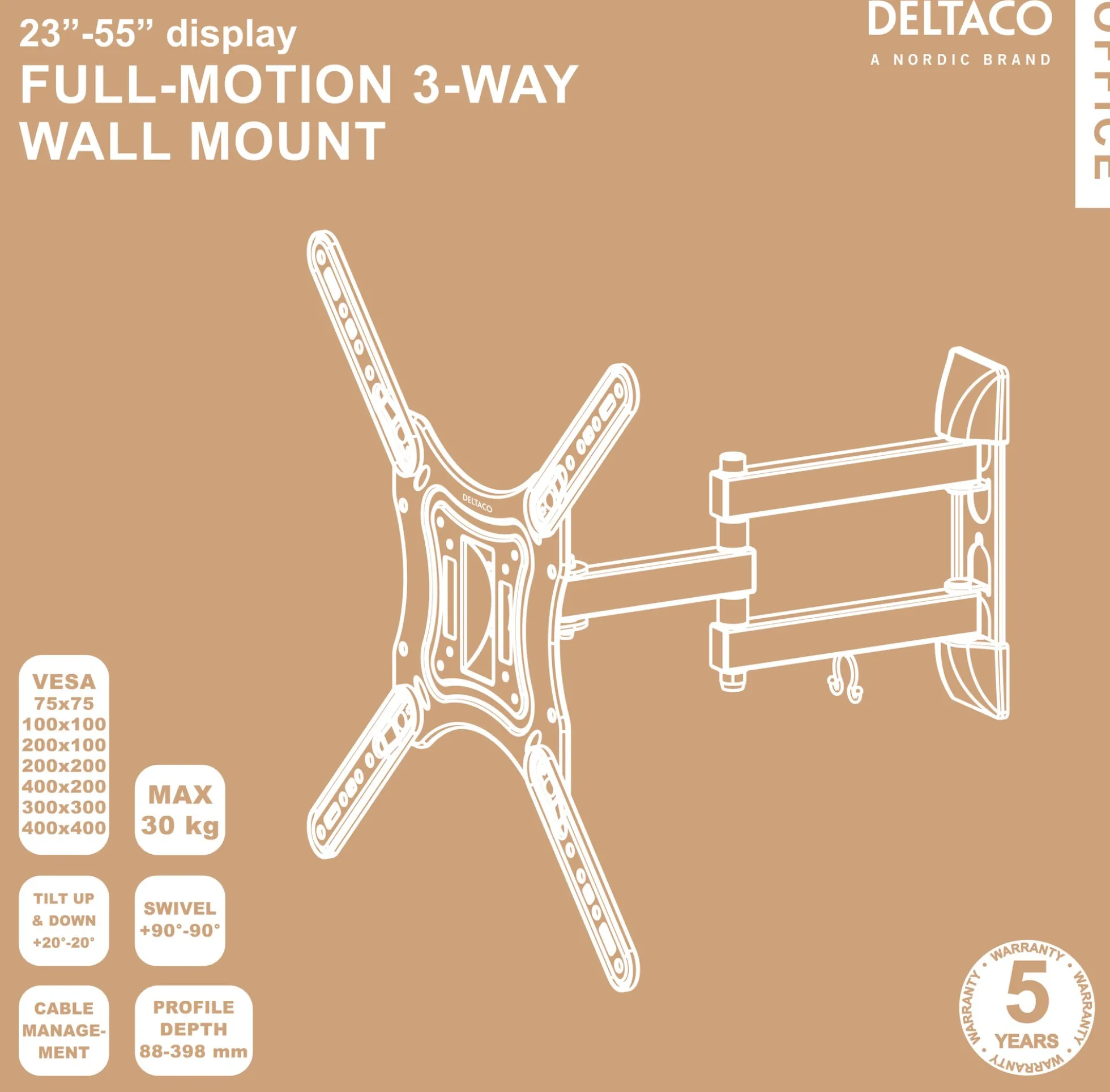 DELTACO Office, fuldt bevægelig 3-vejs væg, 23"-55", 30kg, 75x75-400-400