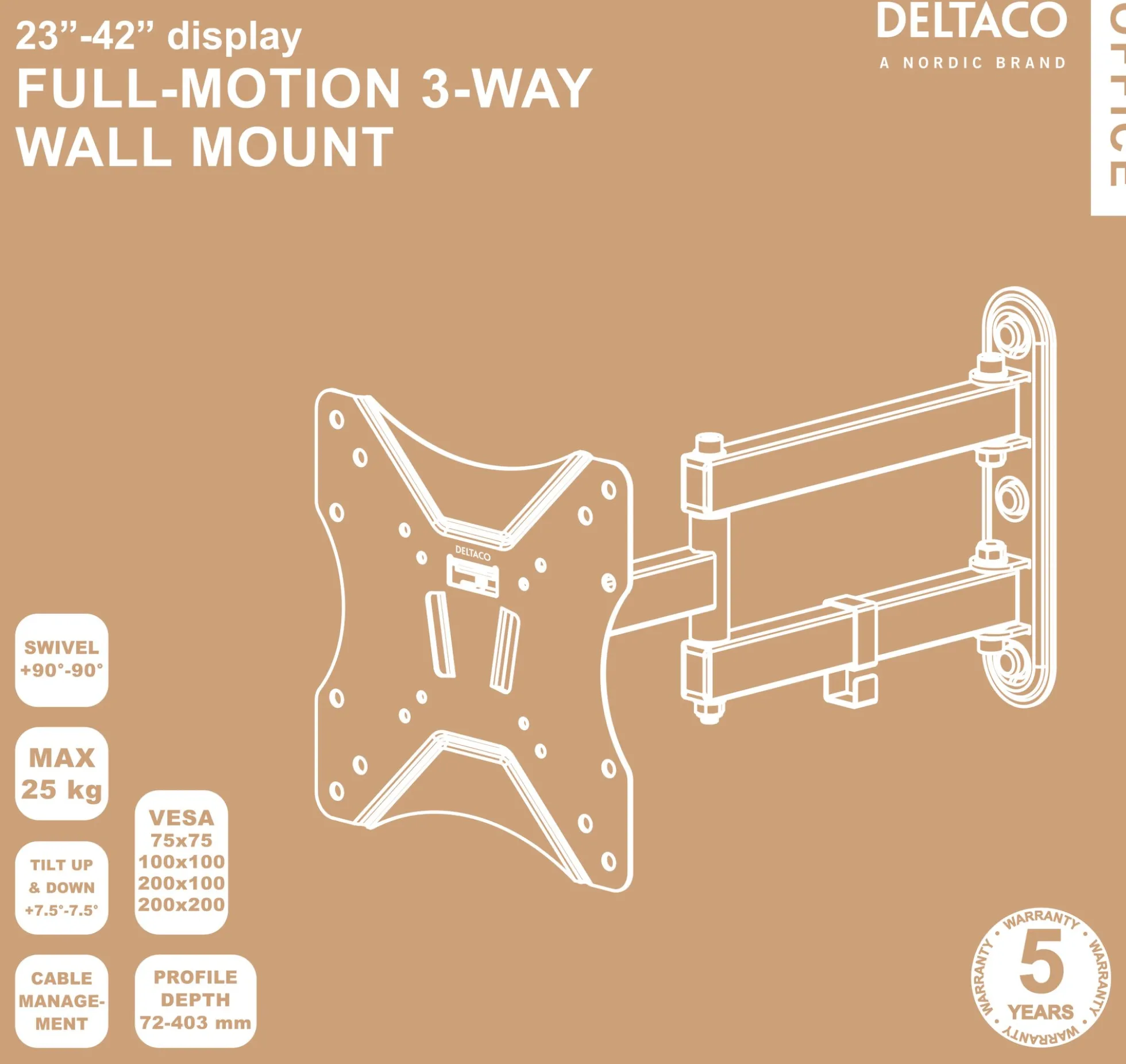 DELTACO Office, fuldt bevægelig 3-vejs væg, 23"-42", 25kg, 75x75-200-200DE