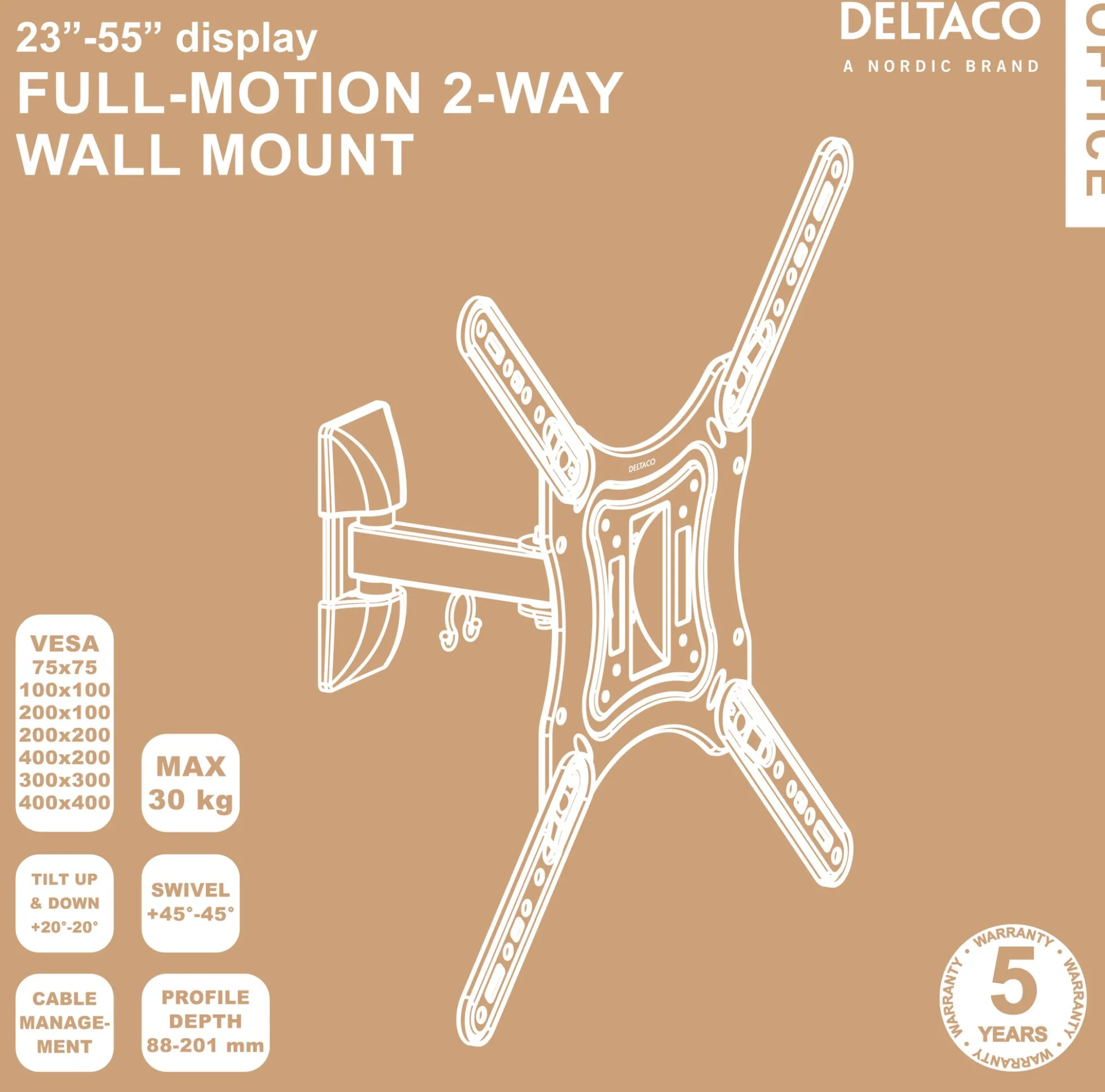 DELTACO Office, fuldt bevægelig 2-vejs væg, 23"-55", 30kg, 75x75-400-400