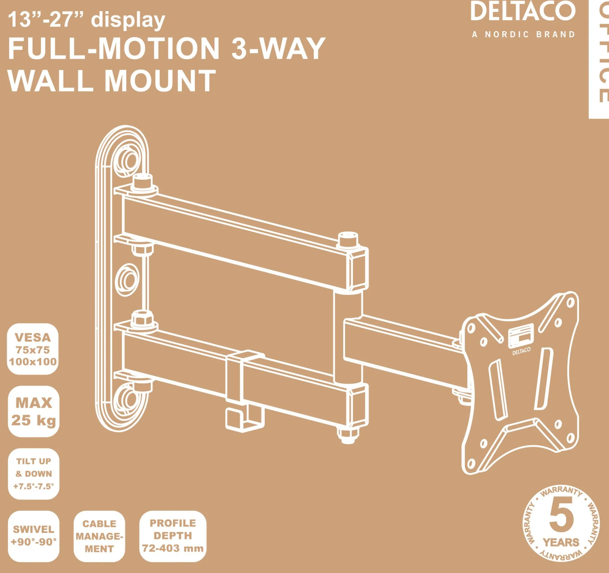 DELTACO Office, fuldt bevægelig 3-vejs væg, 13"-27", 25kg, 75x75-100-100