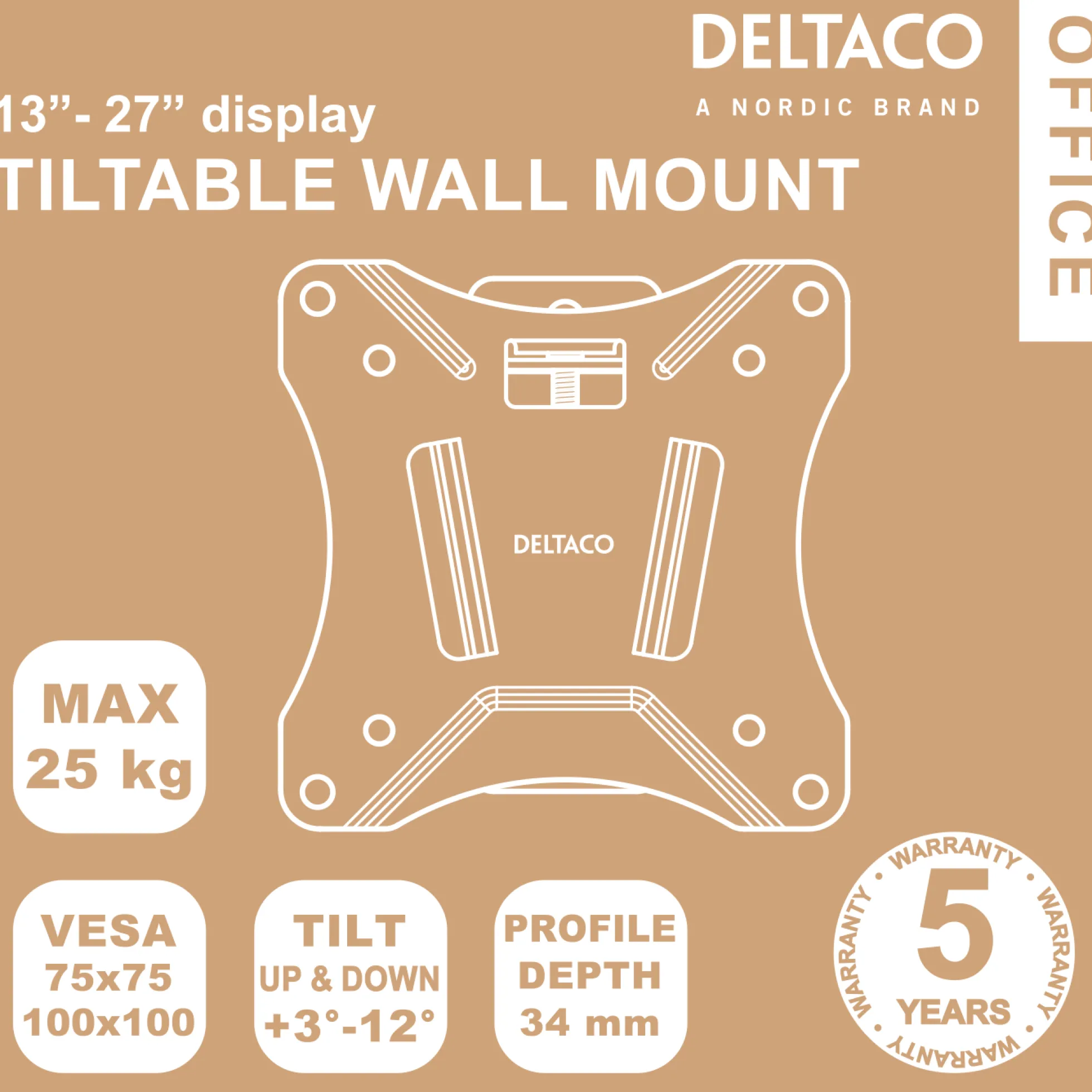 DELTACO Office, vippevæg, 13"-27", 25kg, 75x75-100x100