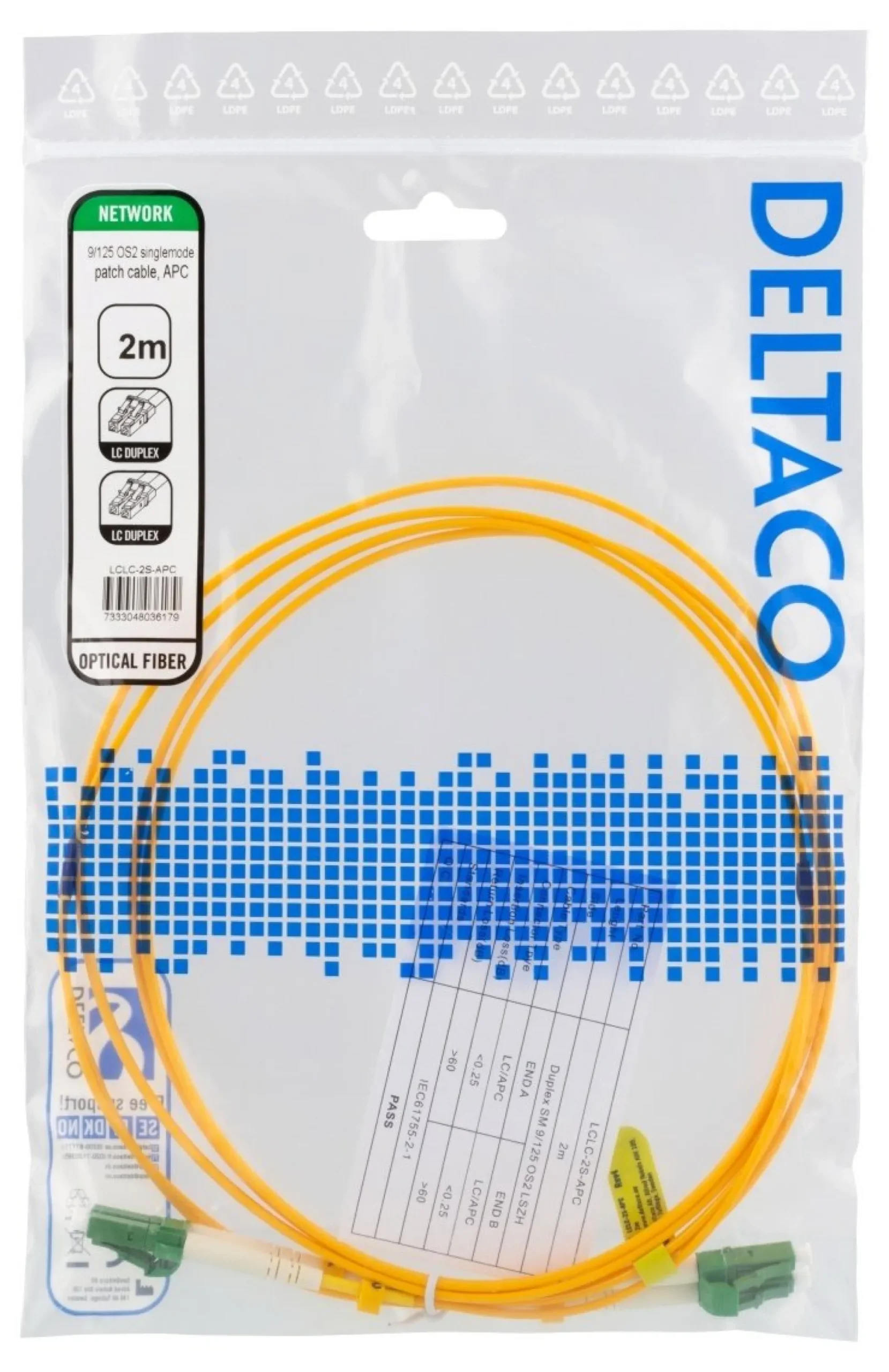DELTACO OS2 fiber cable LC - LC, duplex, singlemode, APC, 9/125, 2m