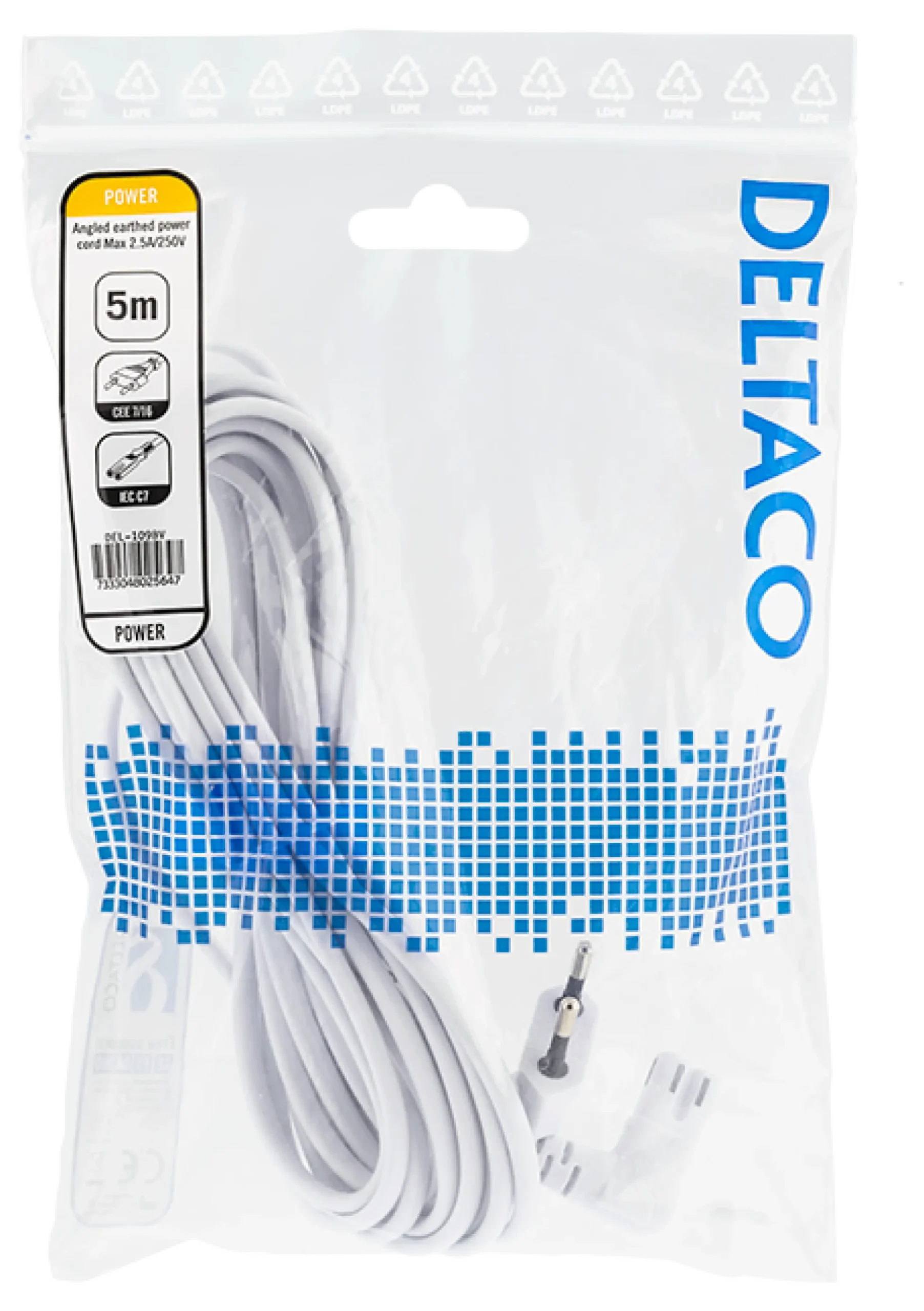 DELTACO outlet cable, 5m, angled CEE 7/16 to angled IEC 60320 C7,hvid