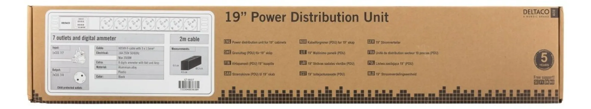 DELTACO 7-Outlet 19" power distribution unit, 3500W, CEE 7/3, digital