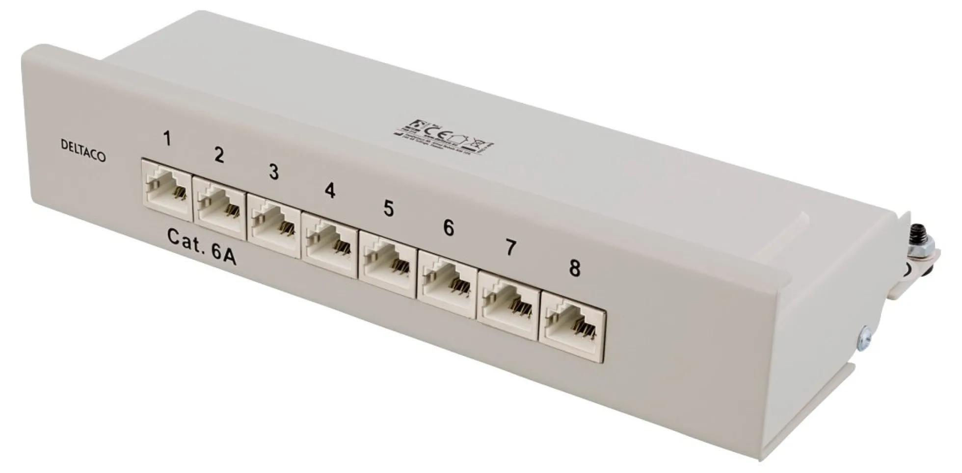 DELTACO Patch Panel, 8xRJ45, Cat6a, wall-mountable, metal, grå