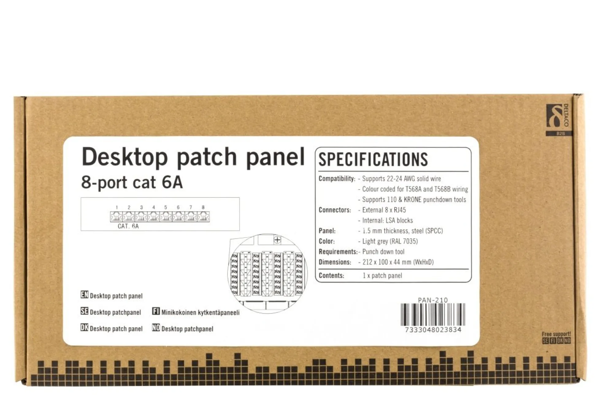 DELTACO Patch Panel, 8xRJ45, Cat6a, wall-mountable, metal, grå