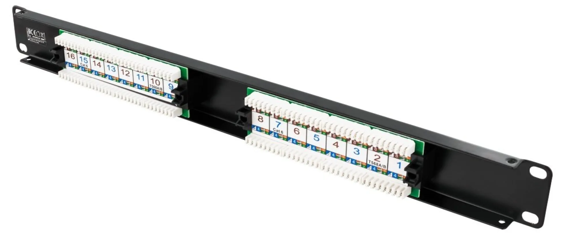 DELTACO 19" patch panel, 16+xRJ45, Cat6, UTP, 10Gbps, sort