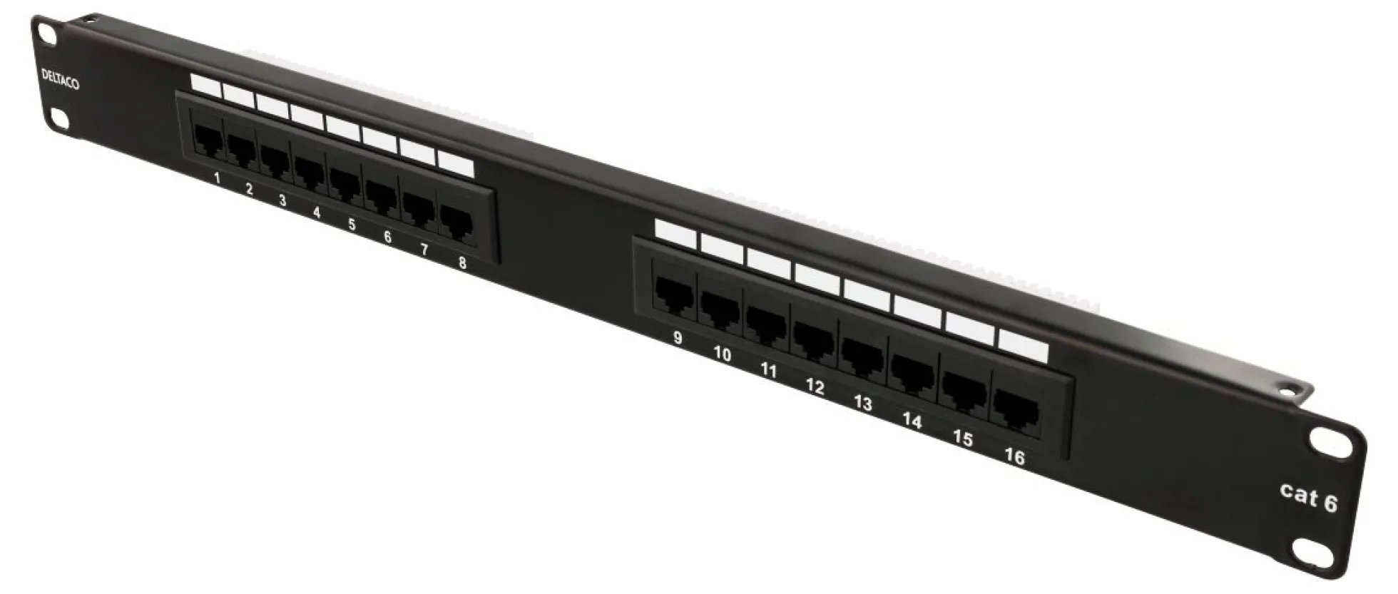 DELTACO 19" patch panel, 16+xRJ45, Cat6, UTP, 10Gbps, sort