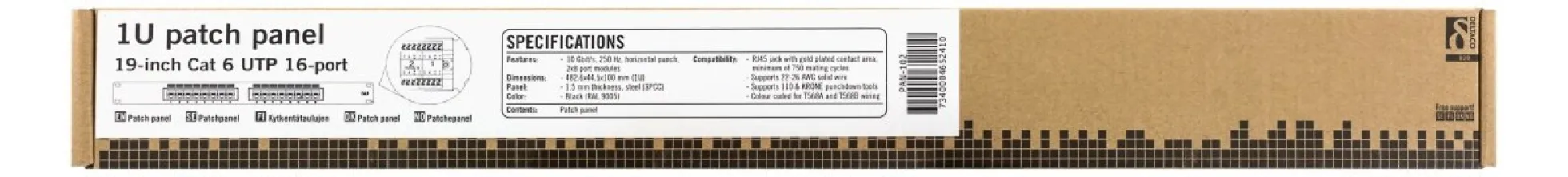 DELTACO 19" patch panel, 16+xRJ45, Cat6, UTP, 10Gbps, sort
