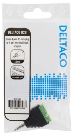 DELTACO 4 pole 3.5mm stik til 4-pin terminal block adapter, sort