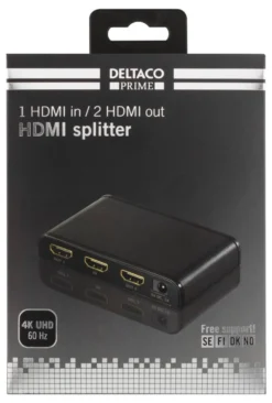 DELTACO PRIME HDMI splitter, 1 in, 2 out, HDMI 2.0, 4K, UHD, 3D, sort