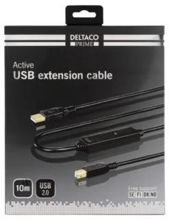 DELTACO PRIME USB 2.0 kabel Type A han - Type B han, aktiv, 10m, sort
