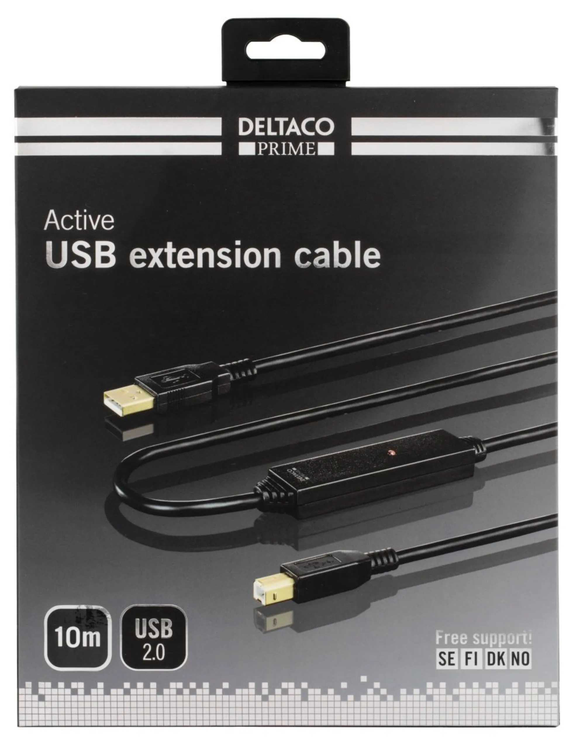 DELTACO PRIME USB 2.0 kabel Type A han - Type B han, aktiv, 10m, sort
