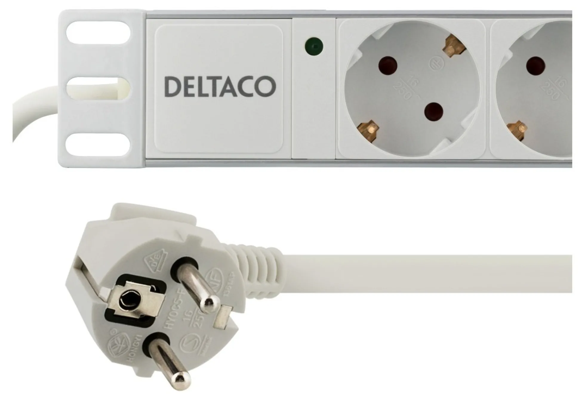 DELTACO strømskinne, 8xCEE 7/4, 1xCEE 7/7, 2m kabel, Hvid