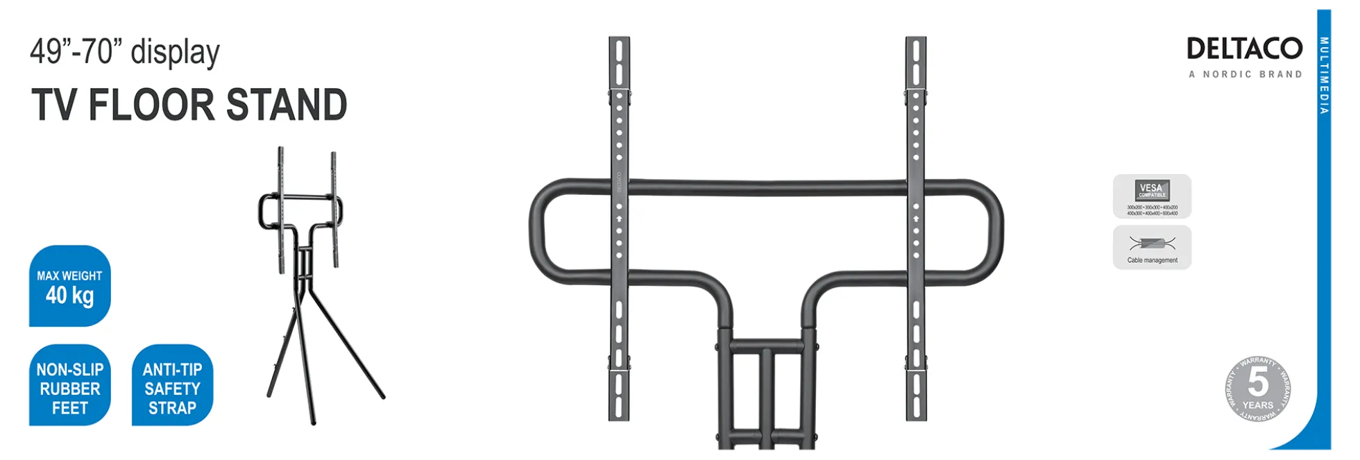 DELTACO tv-gulvstativ, 49-70"op til 40 kg, VESA, sort