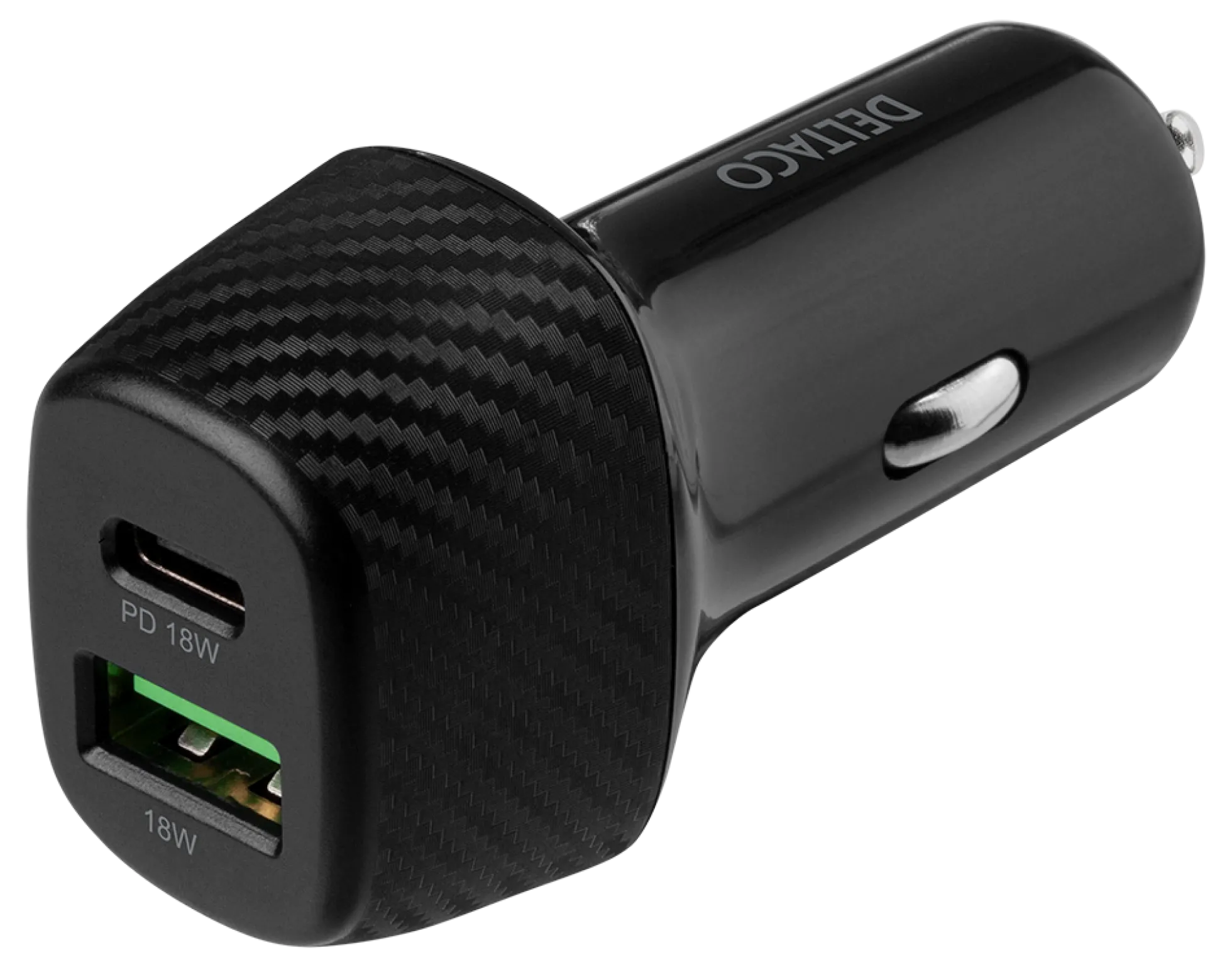DELTACO USB car charger, 1x USB-C, PD 18 W, 1x USB-A, 18 W, total 36 W