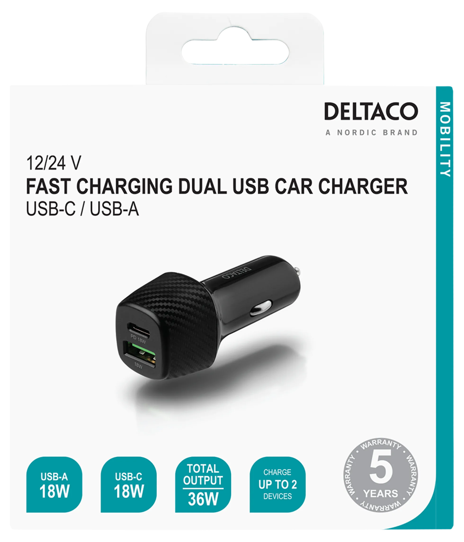 DELTACO USB car charger, 1x USB-C, PD 18 W, 1x USB-A, 18 W, total 36 W