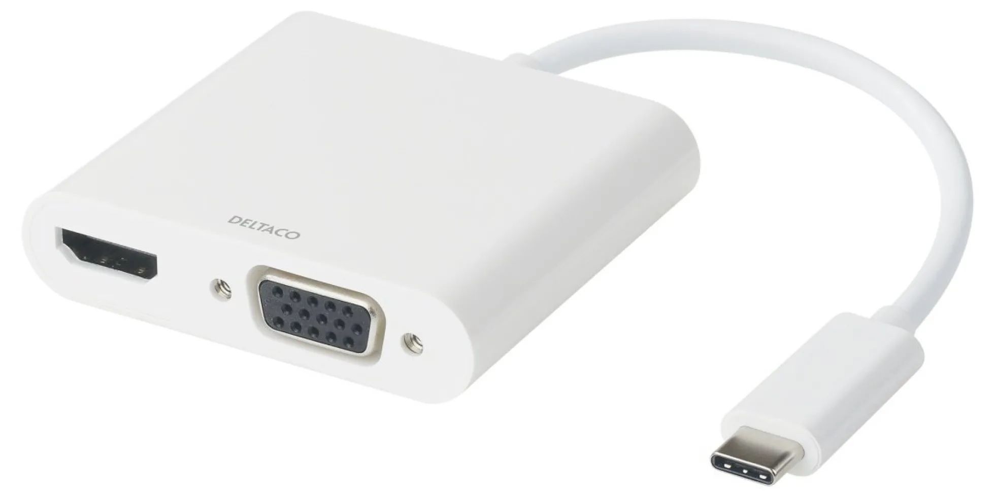 DELTACO USB-C docking station, HDMI/VGA/USB-C, 100W USB-C PD 3.0, whit