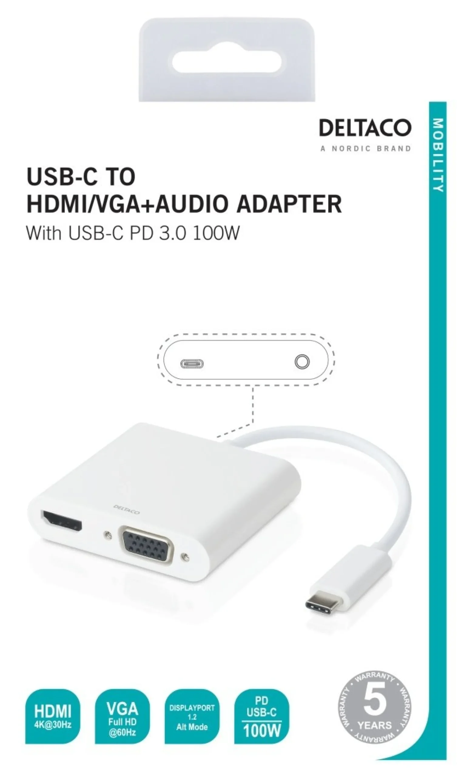 DELTACO USB-C docking station, HDMI/VGA/USB-C, 100W USB-C PD 3.0, whit