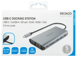 DELTACO USB-C dockningsstation HDMI/VGA/2xUSB-A PD 3.0 spc grey