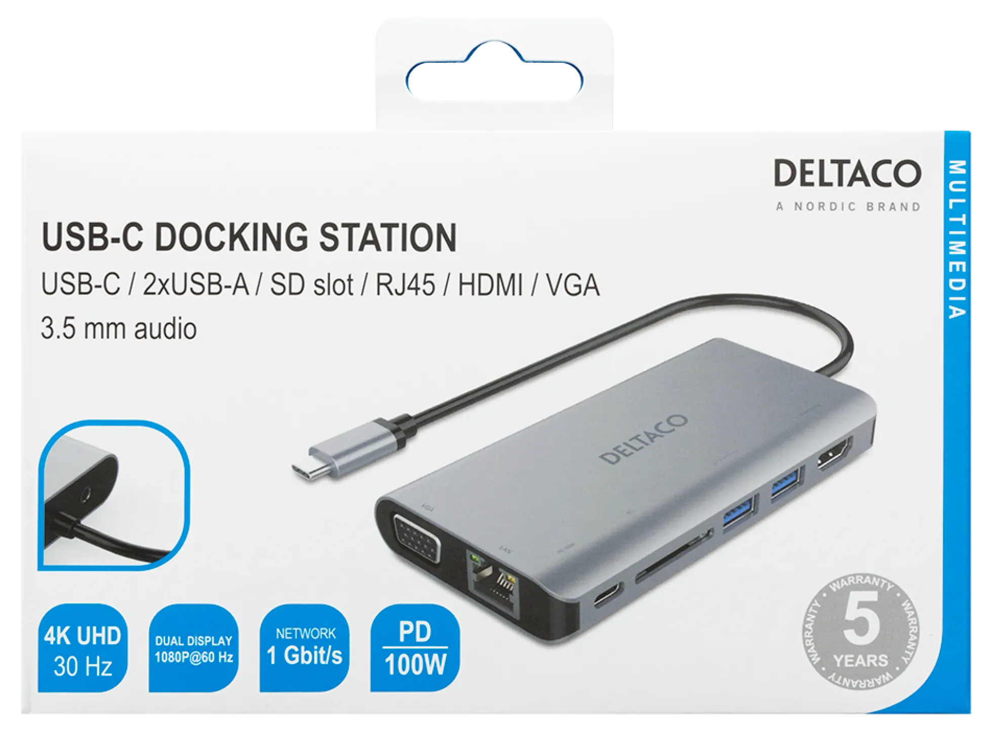 DELTACO USB-C dockningsstation HDMI/VGA/2xUSB-A PD 3.0 spc grey