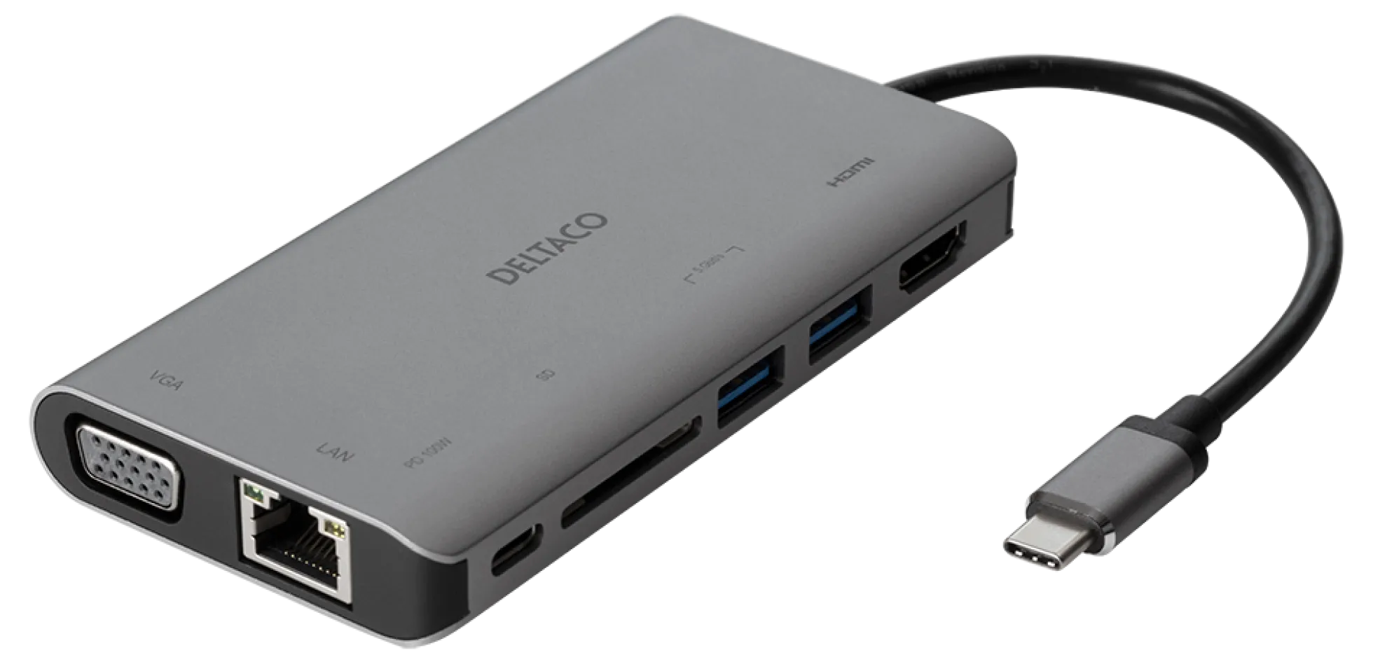 DELTACO USB-C dockningsstation HDMI/VGA/2xUSB-A PD 3.0 spc grey