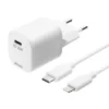 DELTACO USB-C PD 20 W vægoplader, 1 meter aftageligt USB-C til Lightning kabel