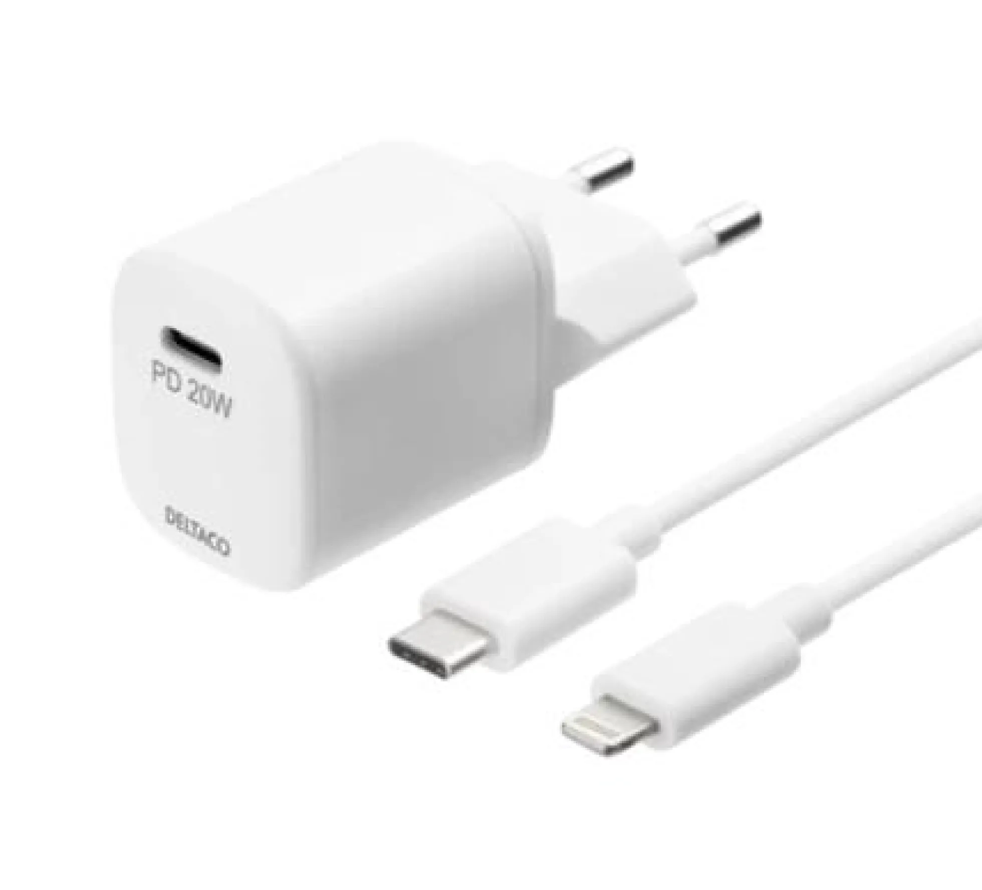 DELTACO USB-C PD 20 W vægoplader, 1 meter aftageligt USB-C til Lightning kabel