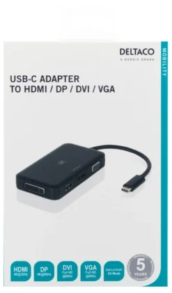 DELTACO USB-C to HDMI/DP/DVI/VGA adapter, 4K, DP Alt Mode, sort