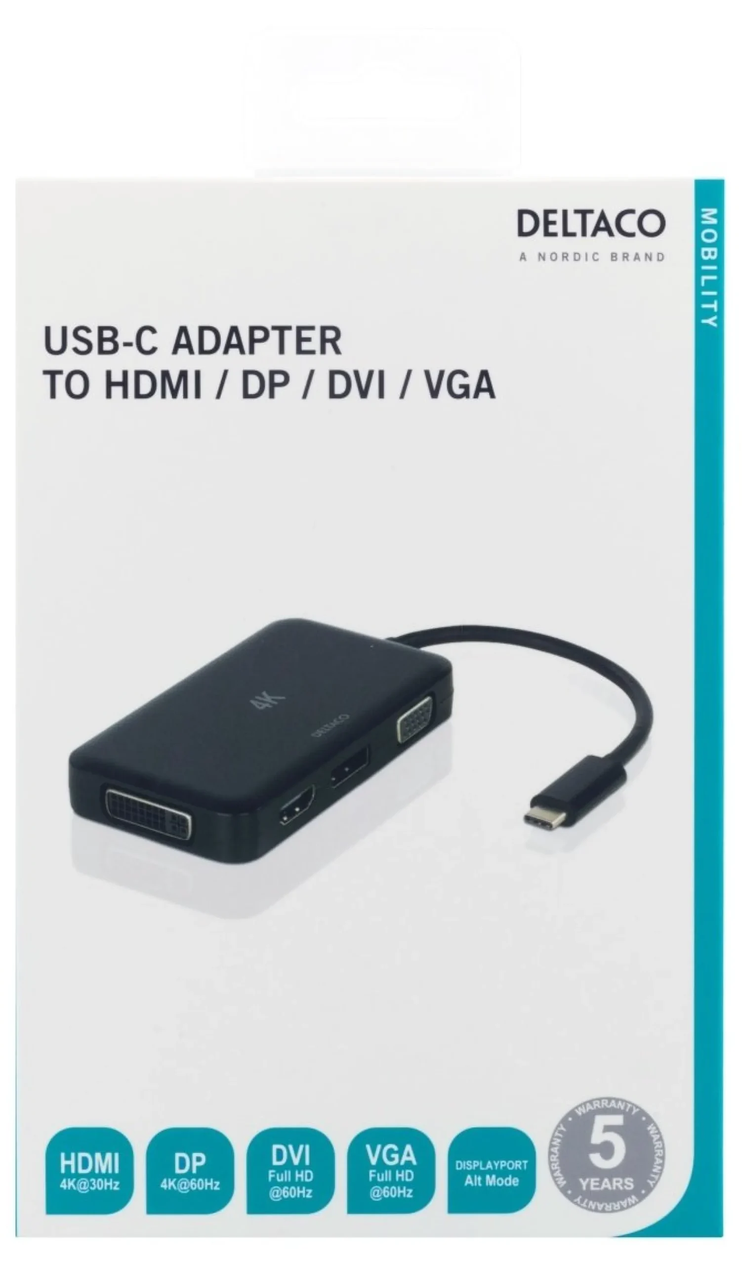 DELTACO USB-C to HDMI/DP/DVI/VGA adapter, 4K, DP Alt Mode, sort