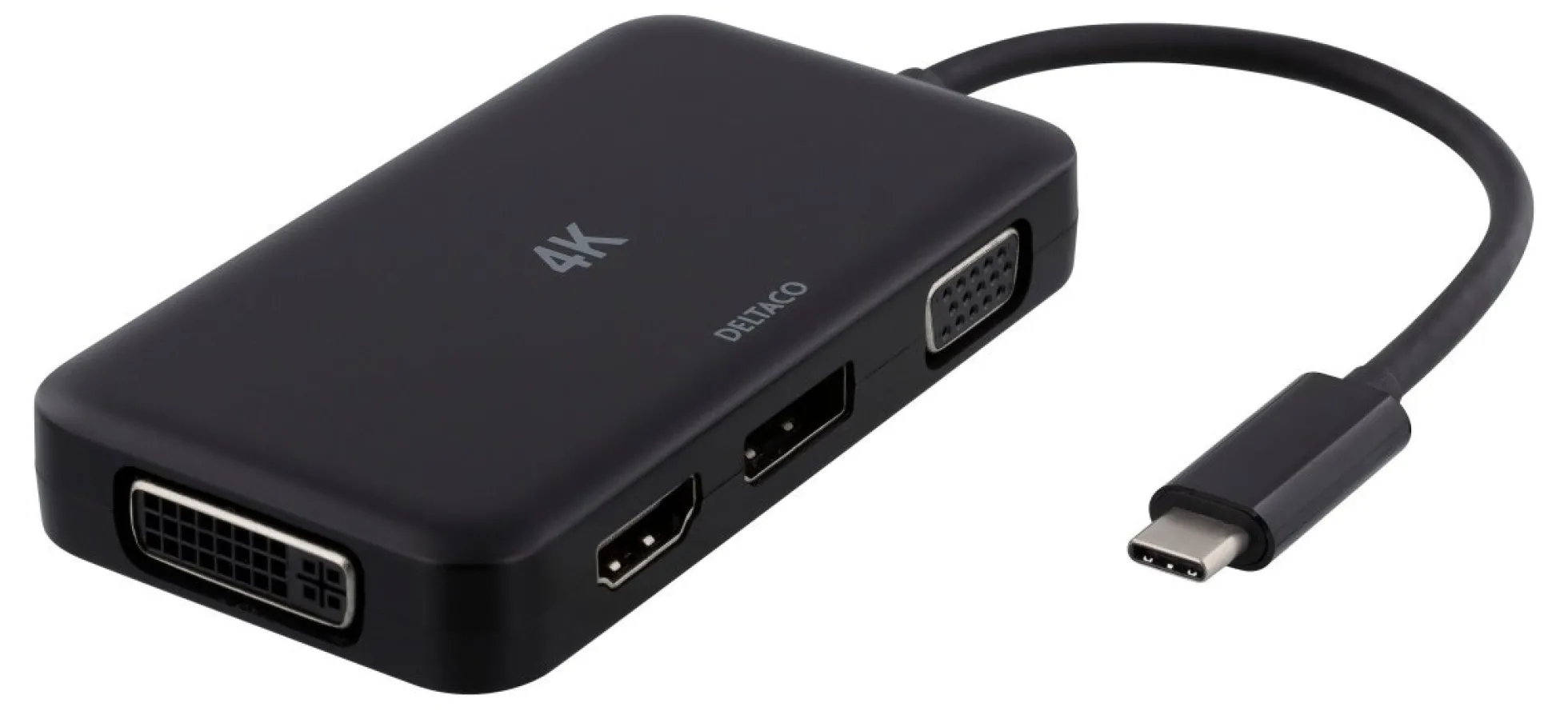 DELTACO USB-C to HDMI/DP/DVI/VGA adapter, 4K, DP Alt Mode, sort