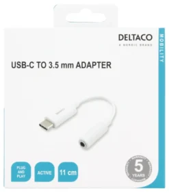 DELTACO USB-C to 3.5 mm hun, 10 cm, retail package, active, hvid