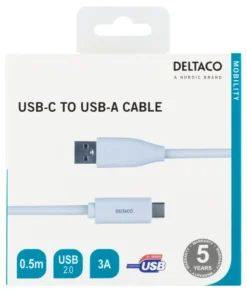 DELTACO USB-C to USB-A kabel, 0.5m, 3A, USB 2.0, hvid