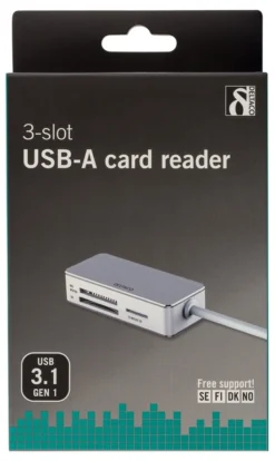DELTACO USB 3.0 kortlæser, 3 rum, understøtter SDHC, Micro-SD, TF, M