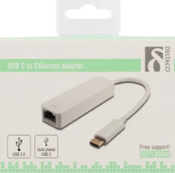 DELTACO, USB 3.1 netværksadapter, 1xRJ45, 1xUSB-C han, hvid