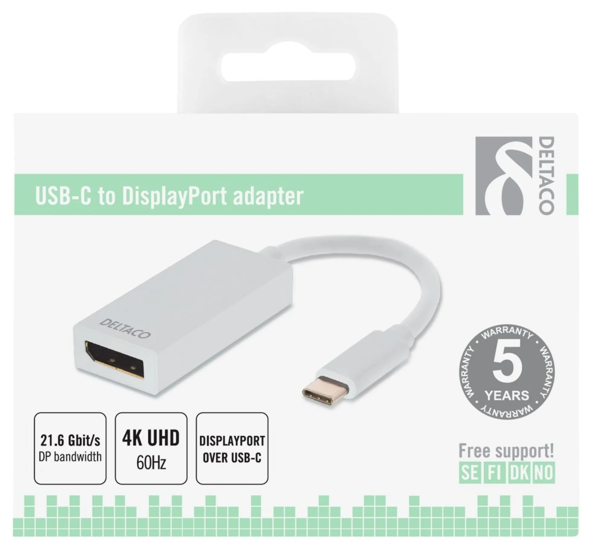 DELTACO USB 3.1 to DP adapter, Type C han - DP hun, 4K, UHD, hvid