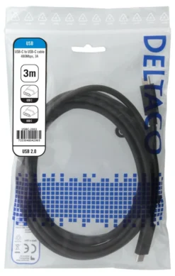 DELTACO USB 2.0 USB-C - USB-C charging cable, 3A, 3m, sort