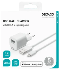 DELTACO USB wall charger, USB-A, 2,4 A, incl. 1 m USB-A to Lightning