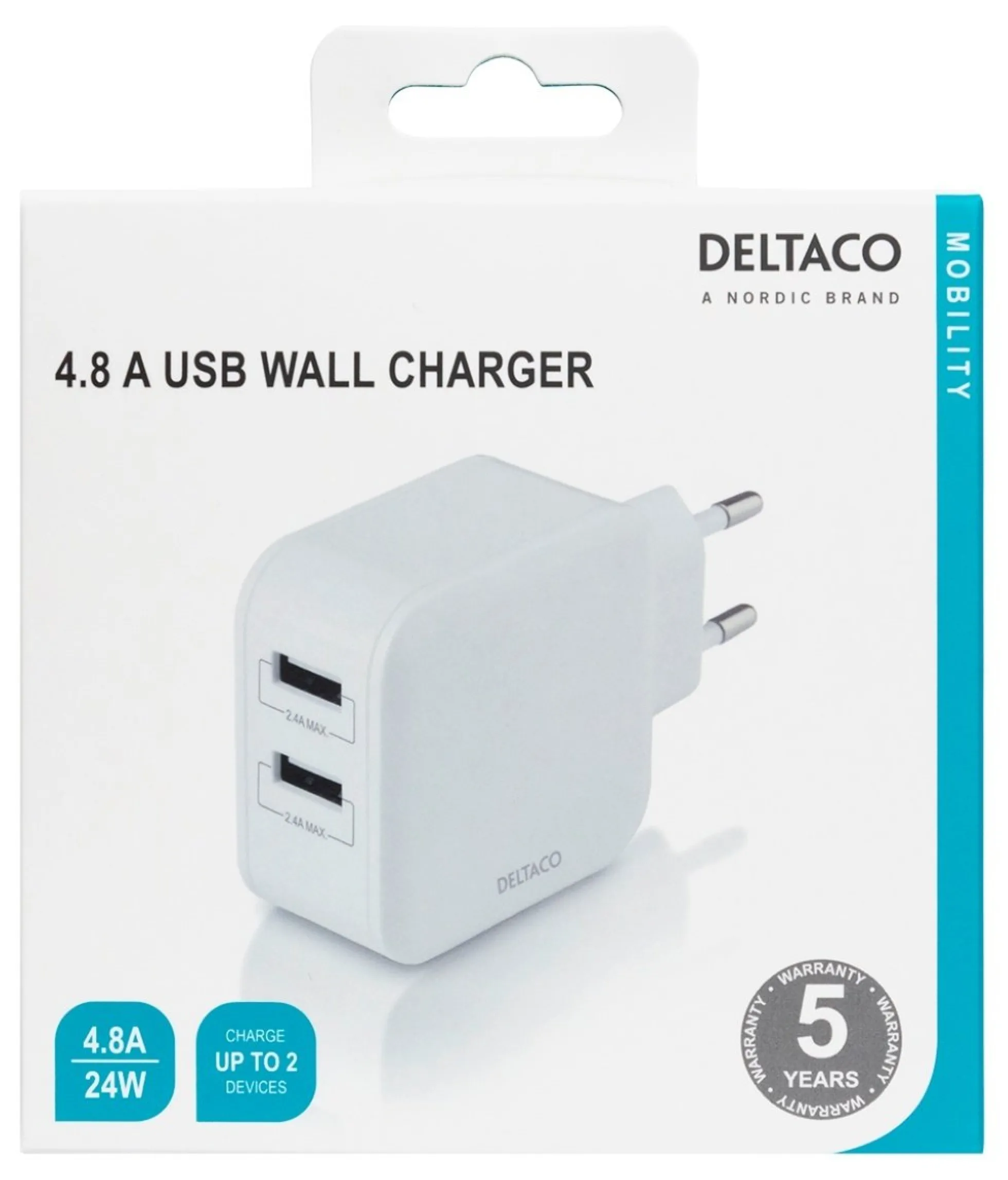 DELTACO Vægoplader med dobbelt USB-A-porte, 4,8 A, 24 W, hvid