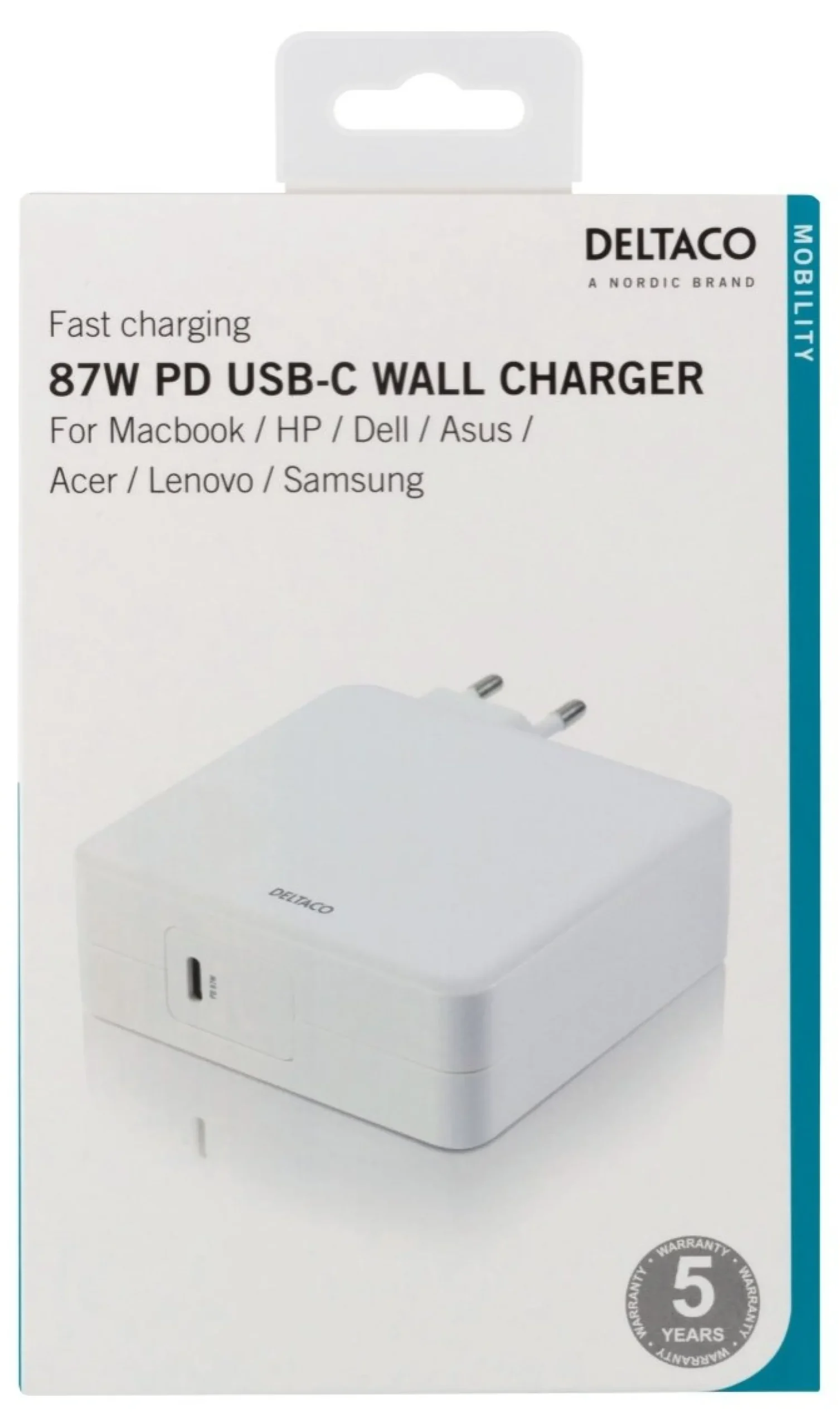DELTACO 87W USB-C Power supply, Fast charging, USB-C PD, hvid (udgået)