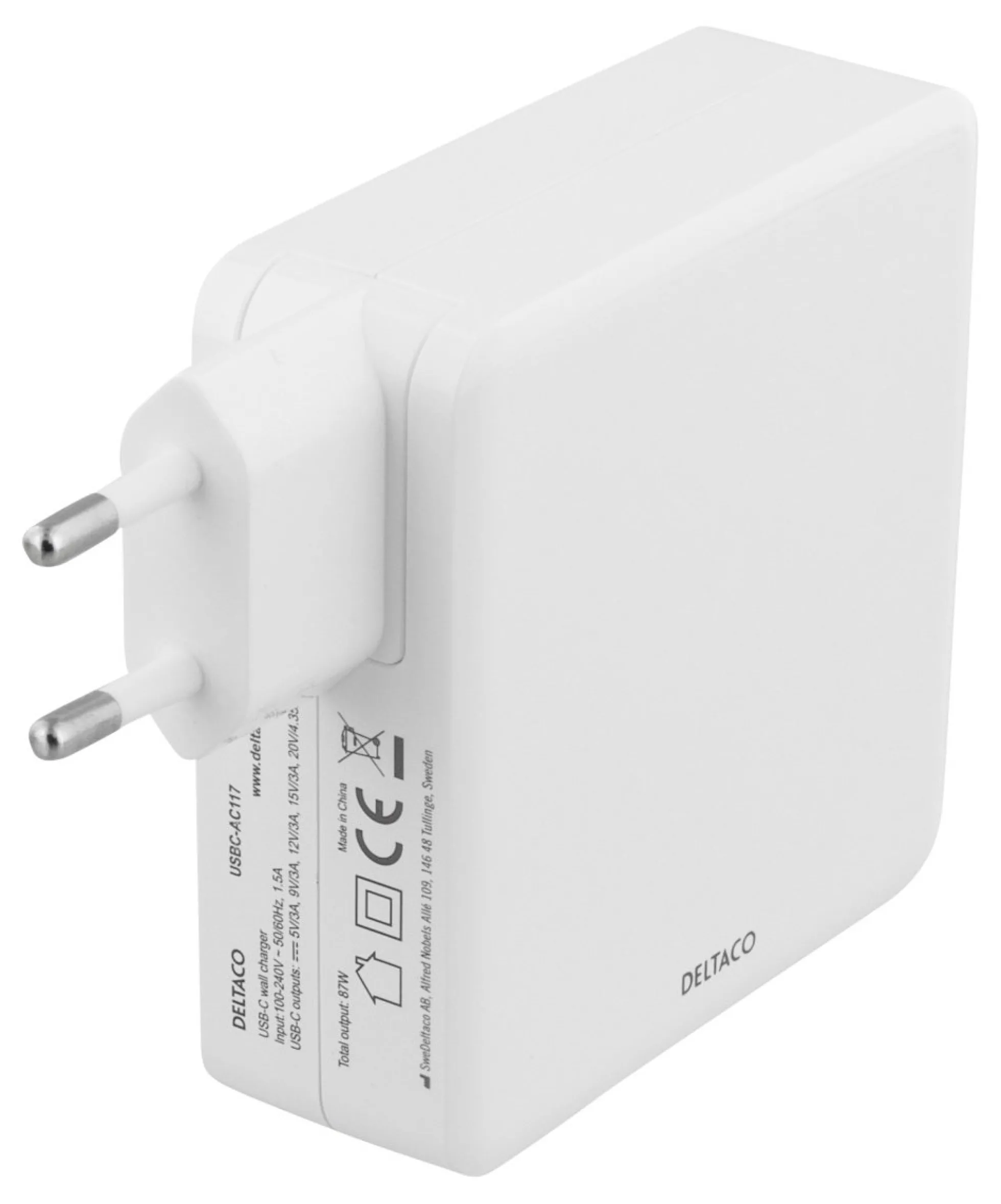 DELTACO 87W USB-C Power supply, Fast charging, USB-C PD, hvid (udgået)
