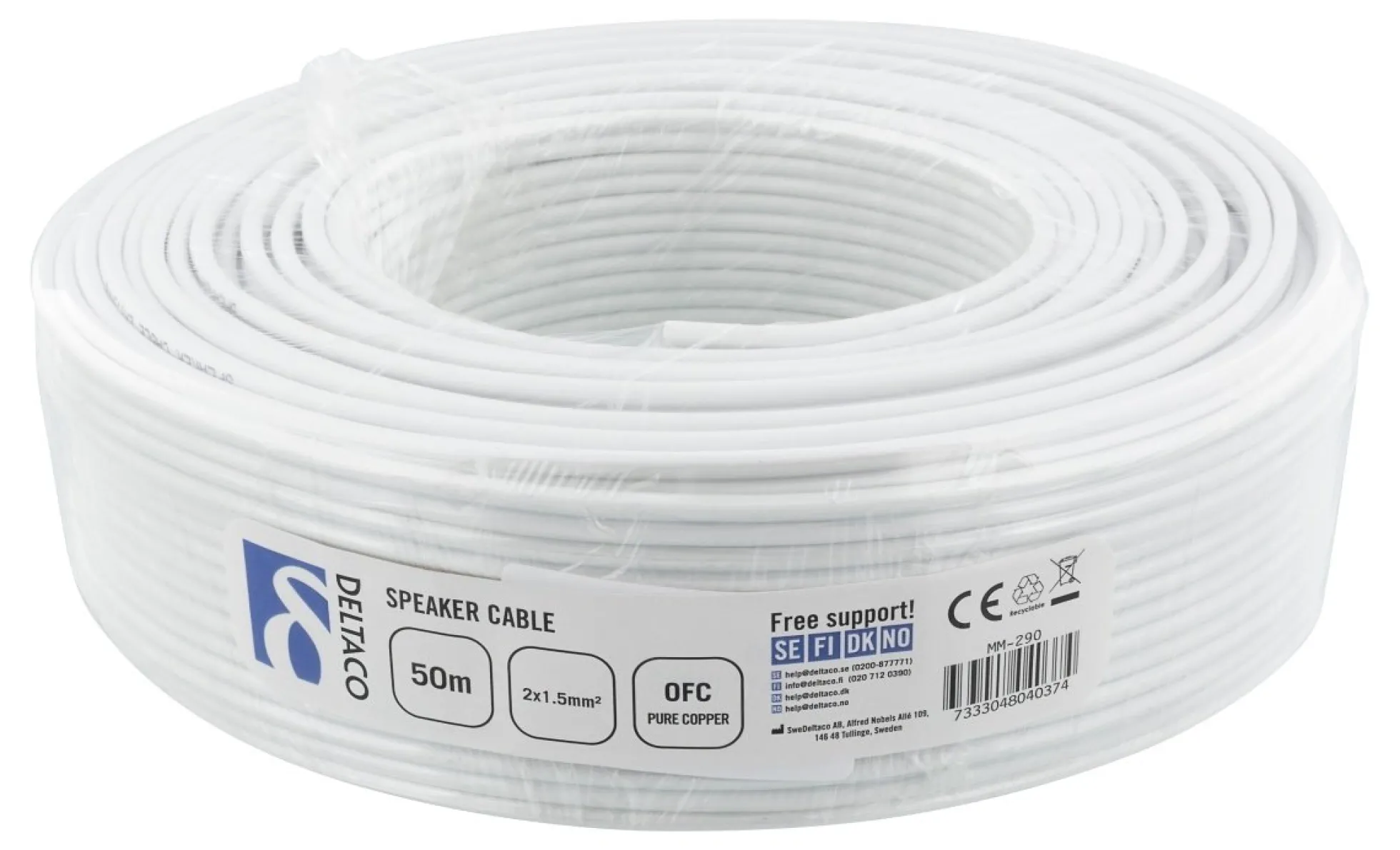 DELTACO 2x15mm Speaker cable, 50m, OFC pure copper, hvid