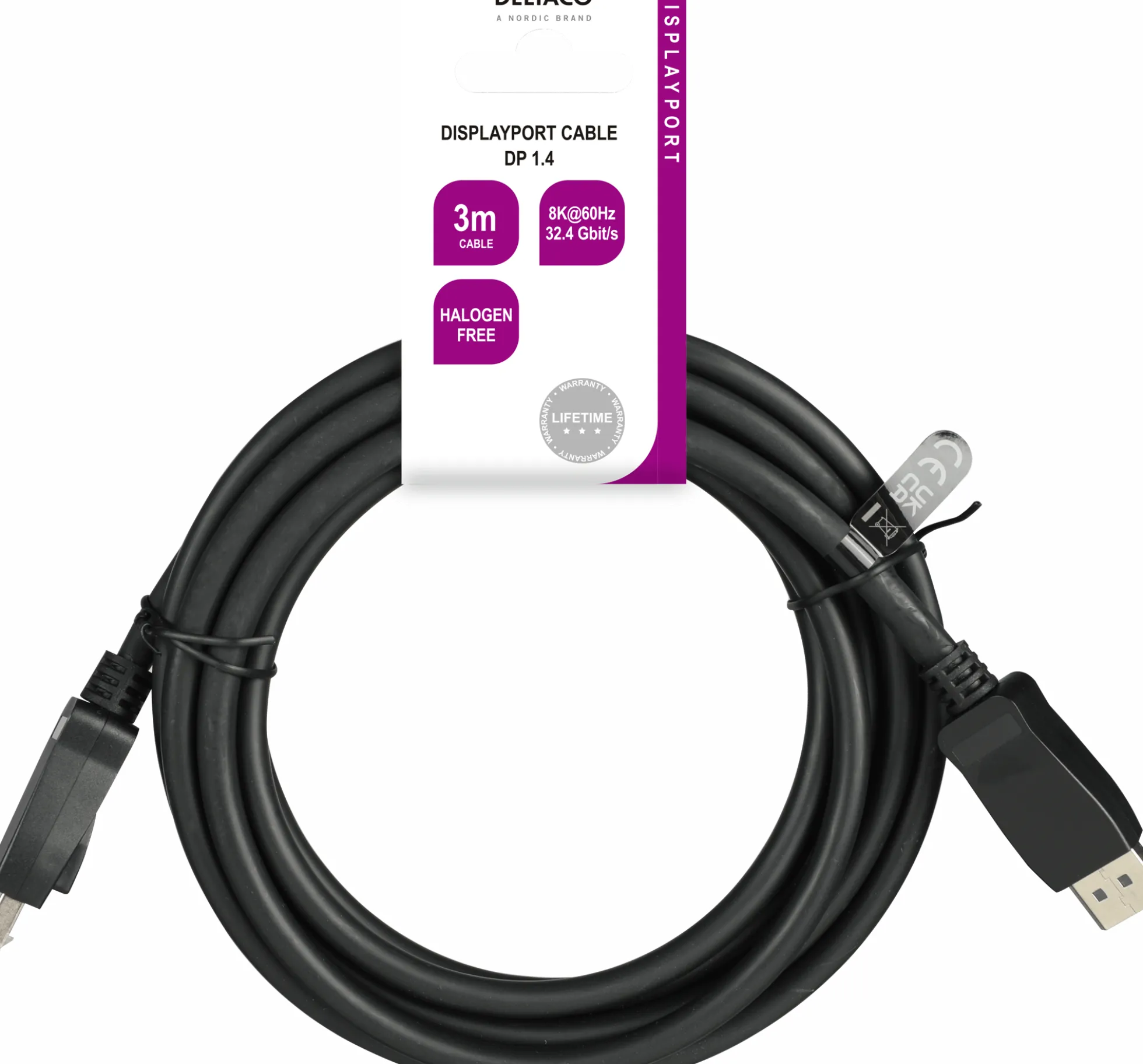 DisplayPort kabel, 3 meter, 8K, DP 1.4, DSC 1.2, LSZH, sort