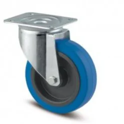 Drejeligt hjul, elastisk gummi, blå, Ø125 mm, 250 kg, rulleleje med plade, byggehøjde: 155 mm